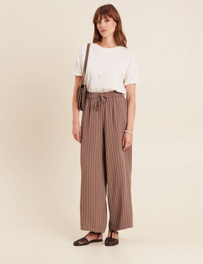 Pantalon large taille haute taupe femme
