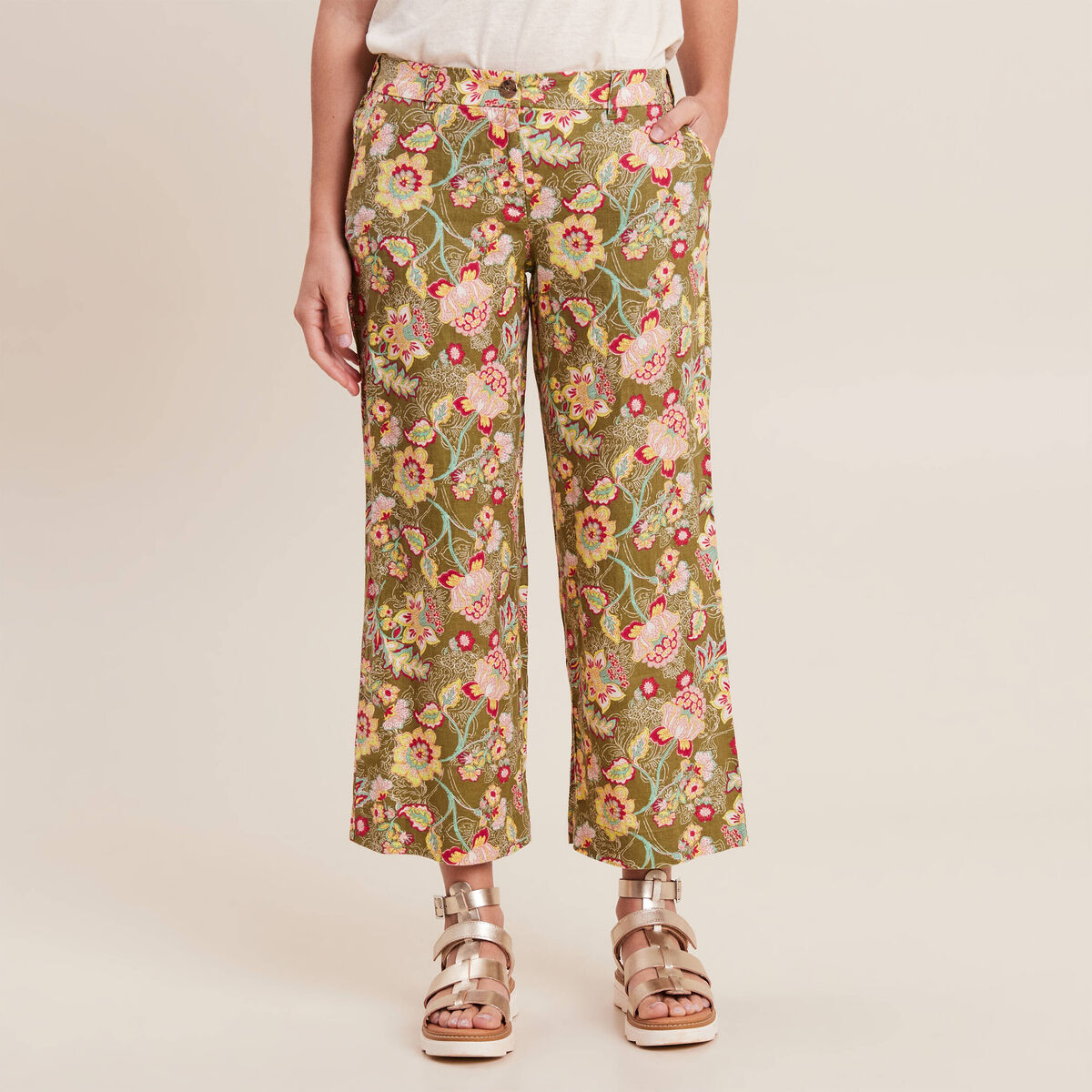 Pantalon large 7/8&egrave;me vert kaki femme