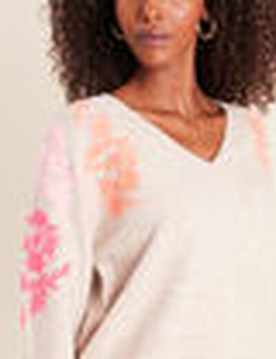 Pull col v avec broderie beige femme