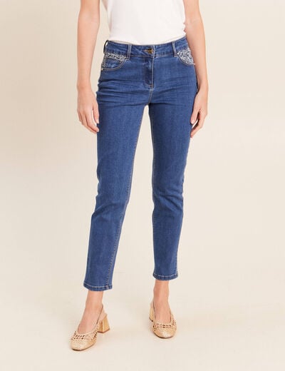 Jean ajust&eacute; 7/8&egrave;me taille bascul&eacute;e denim stone femme