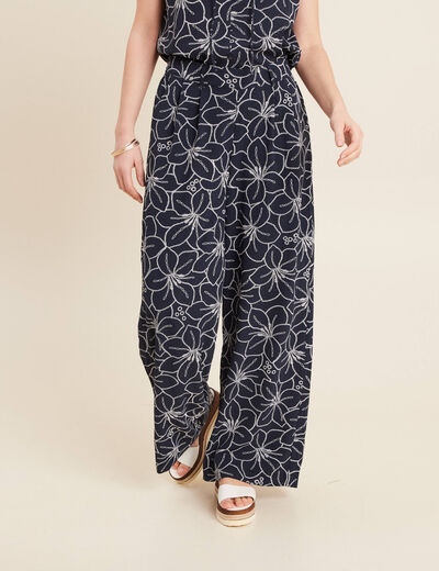 Pantalon large taille haute bleu foncé femme