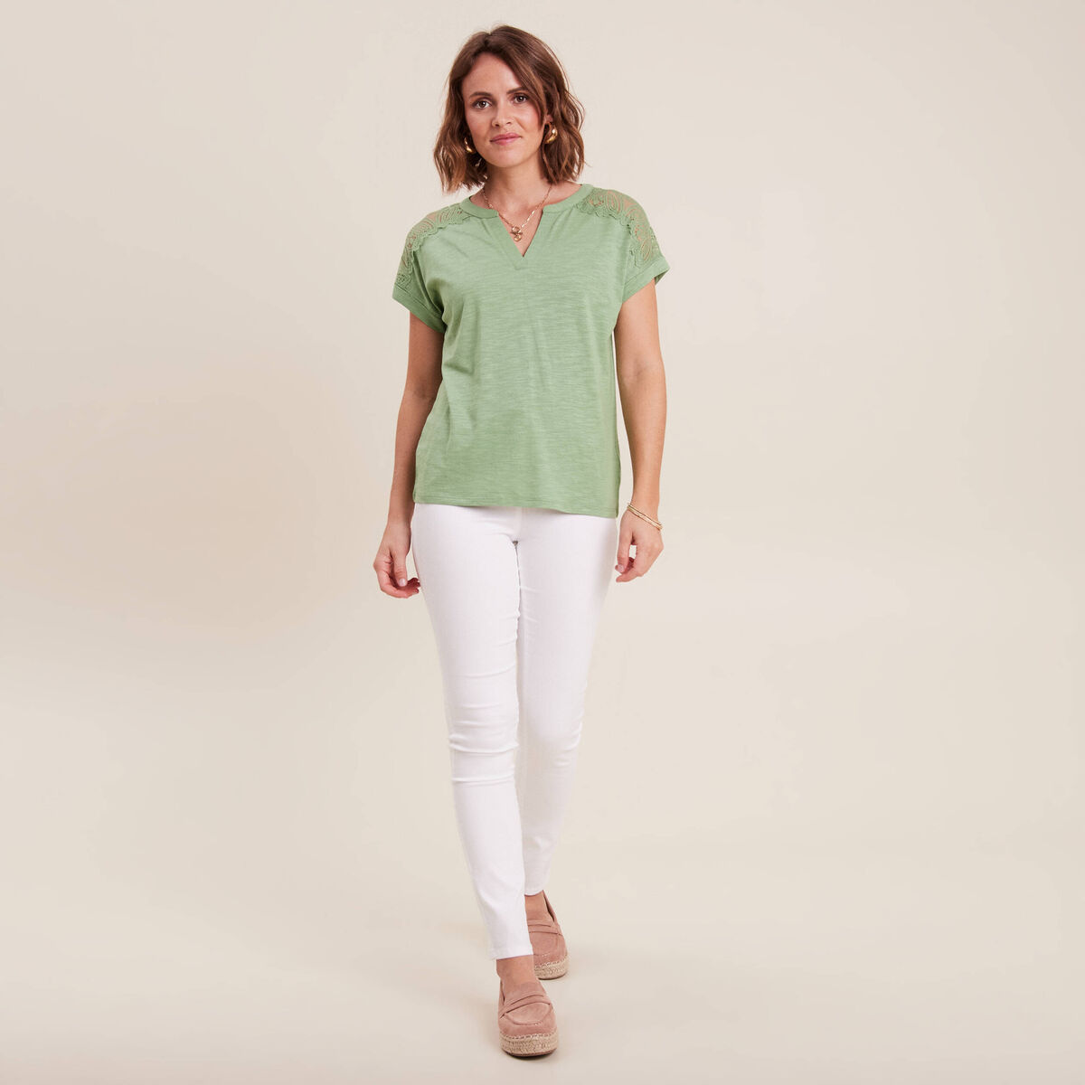 T-shirt manches courtes vert olive femme