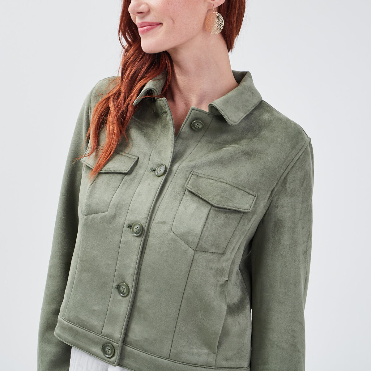 Blouson droit effet suédine vert kaki femme