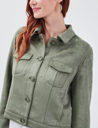 Blouson droit effet suédine vert kaki femme