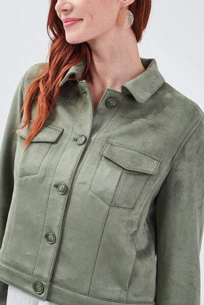 Blouson droit effet suédine vert kaki femme