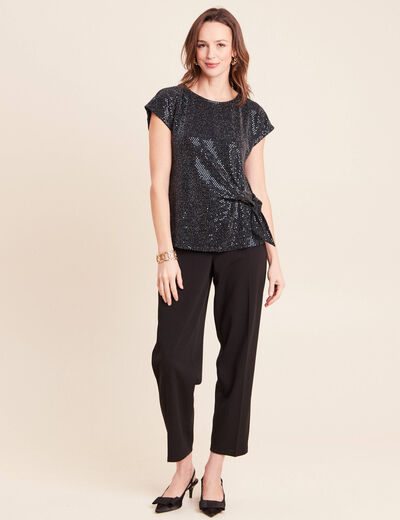 T-shirt cintr&eacute; &agrave; sequins col rond bleu marine femme