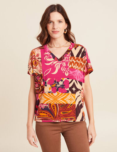 T-shirt col v manches courtes rose femme