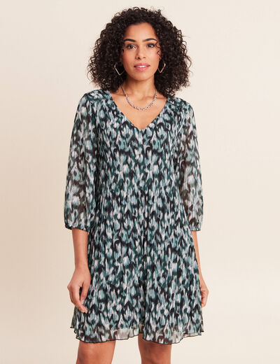 Robe courte &eacute;vas&eacute;e pliss&eacute;e col v vert femme