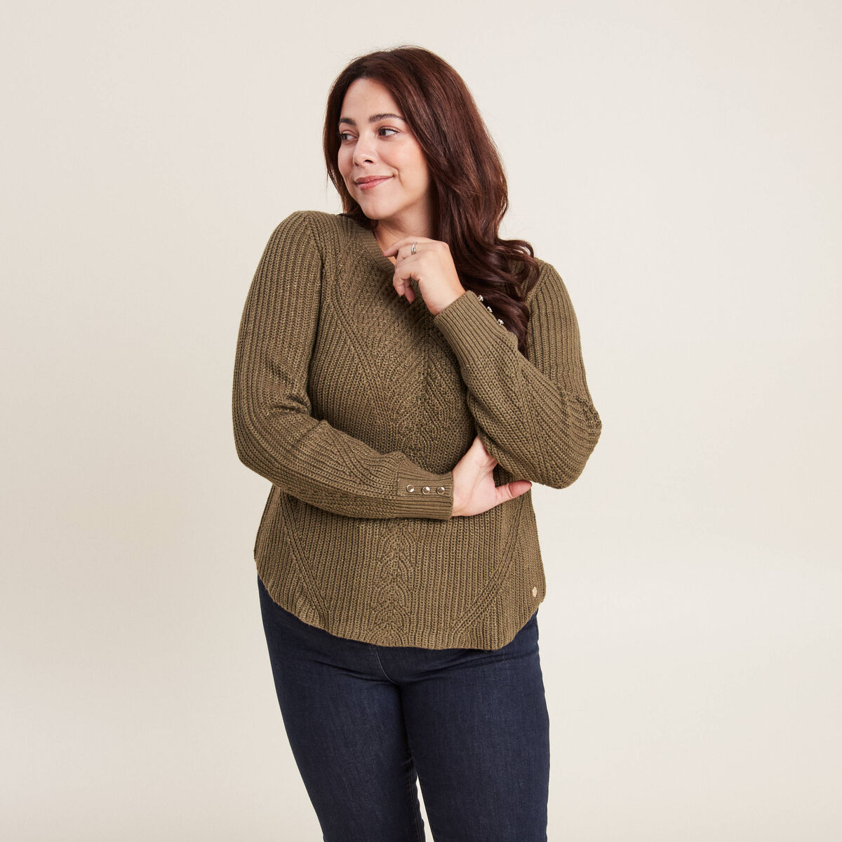 Pull manches longues vert kaki femme