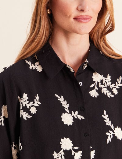 Chemise fluide brod&eacute;e manches longues noir femme