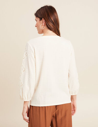 blouse macramé col V manches 3/4 ecru femme