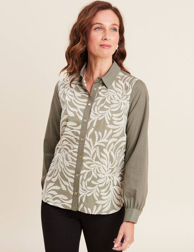 Chemise manches longues brodée vert olive femme