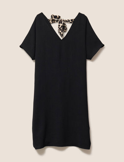 Robe droite courte col v manches coudes noir femme