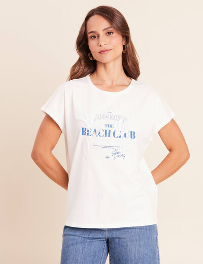 T-shirt col rond manches courtes brod&eacute; ecru femme
