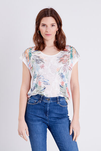T-shirt manches courtes strass ecru femme
