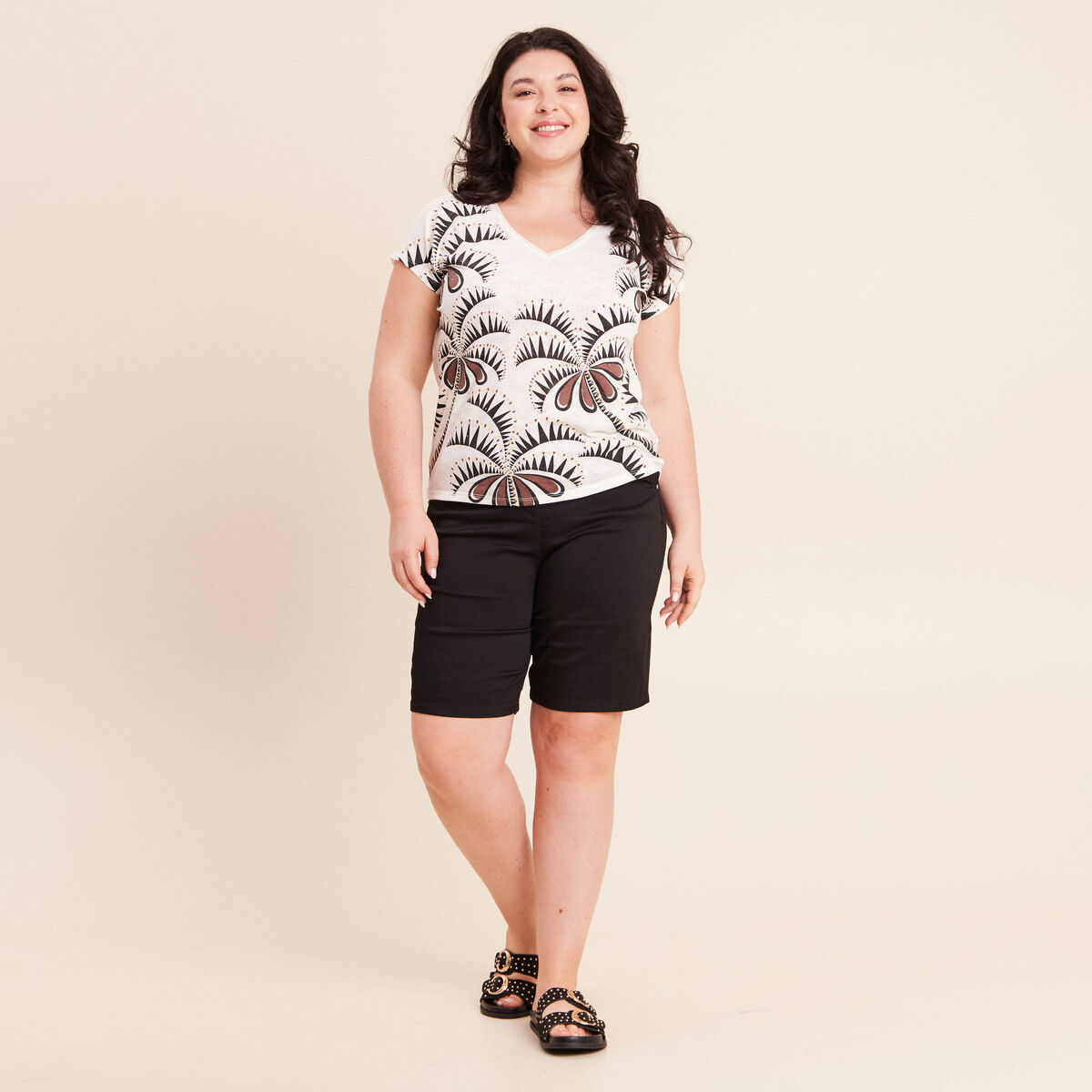 T-shirt col v manches courtes ecru femme