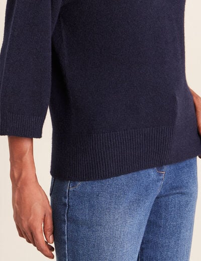 Pull droit col rond manches 3/4 bleu marine femme