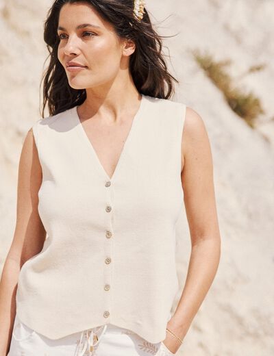 Pull cintré court col V beige femme