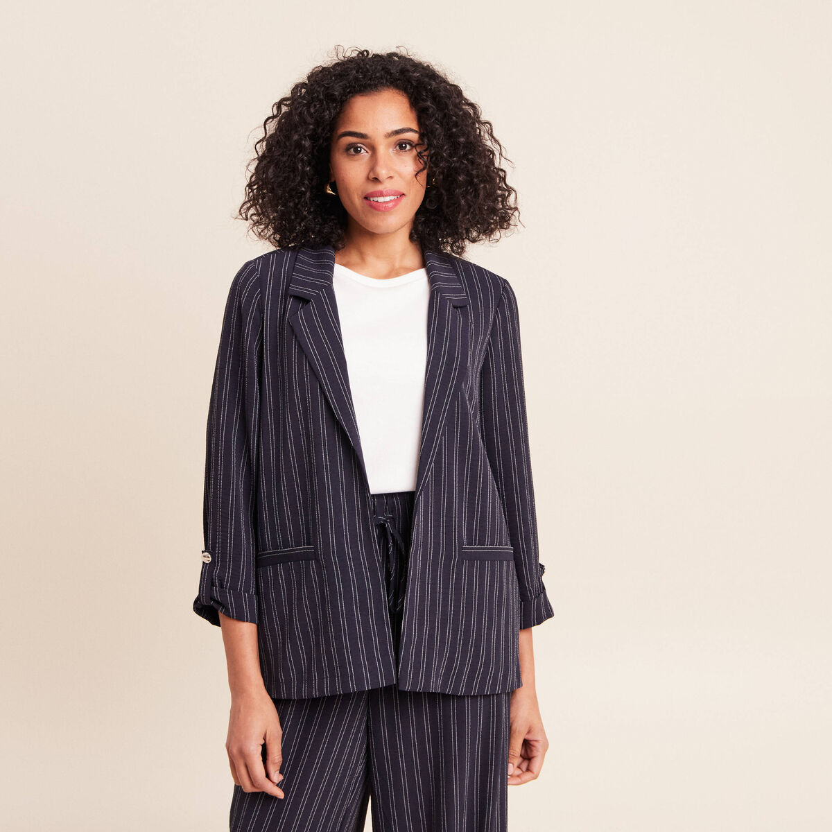 Veste longue droite col tailleur bleu femme