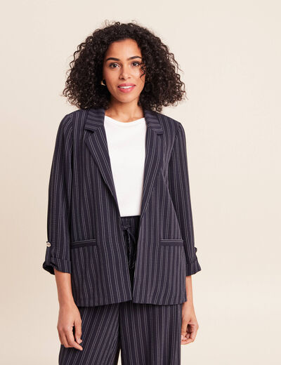 Veste longue droite col tailleur bleu femme