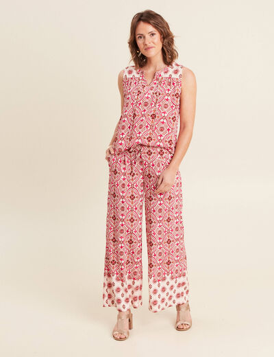 Pantalon large taille haute rose femme