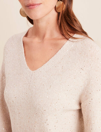 Pull col v manches longues &agrave; sequins couleur or femme