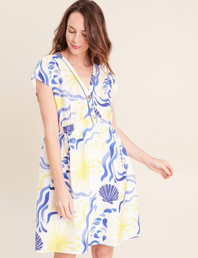 Robe courte &eacute;vas&eacute;e col v manches courtes bleu femme