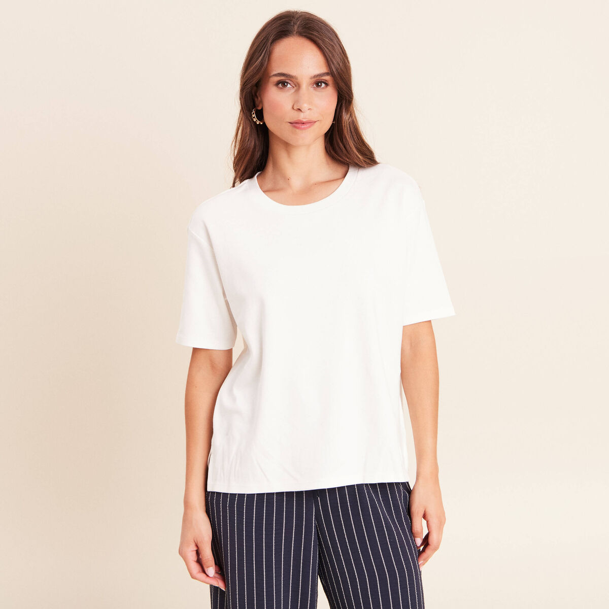 T-shirt ample col rond manches courtes ecru femme