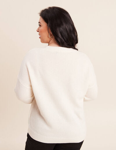 Pull en cachemire col v ecru femme