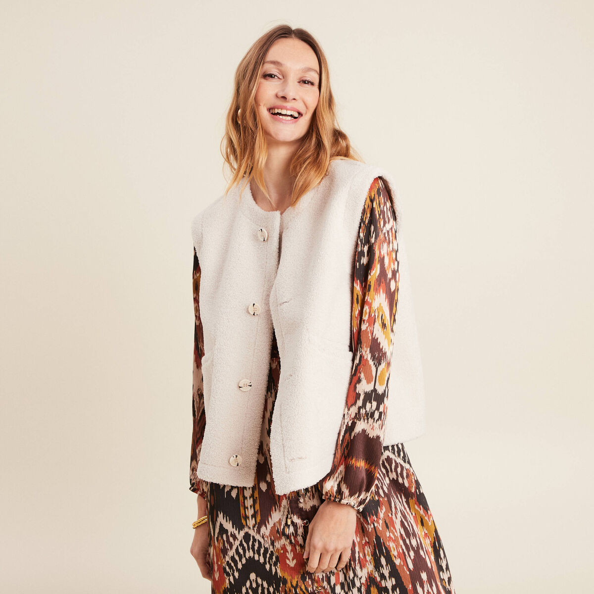 Gilet réversible laine mouton beige femme