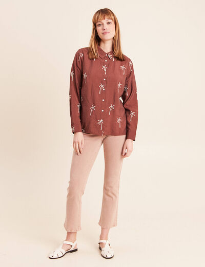 Chemise fluide brod&eacute;e manches longues marron femme