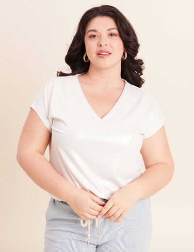 T-shirt col V manches courtes ecru femme