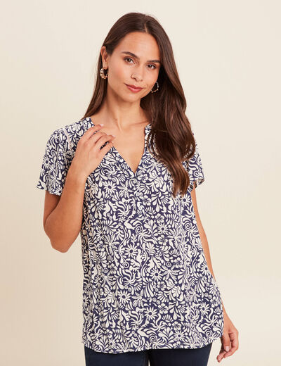 Blouse fluide col V manches courtes bleu femme