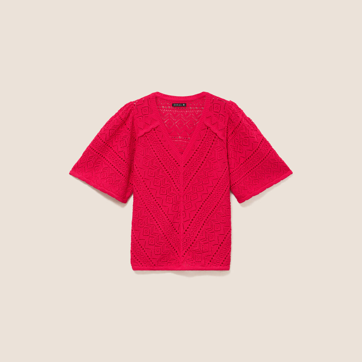 Pull ajour&eacute; col v manches courtes rose fushia femme