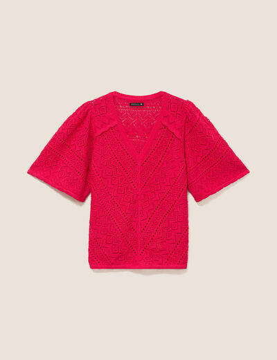 Pull ajour&eacute; col v manches courtes rose fushia femme