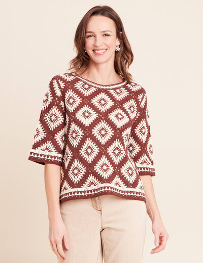 Pull en crochet col rond manches courtes marron femme