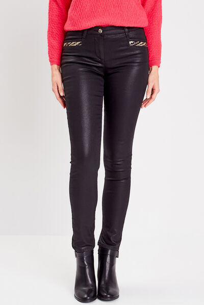 Pantalon ajusté enduit noir femme