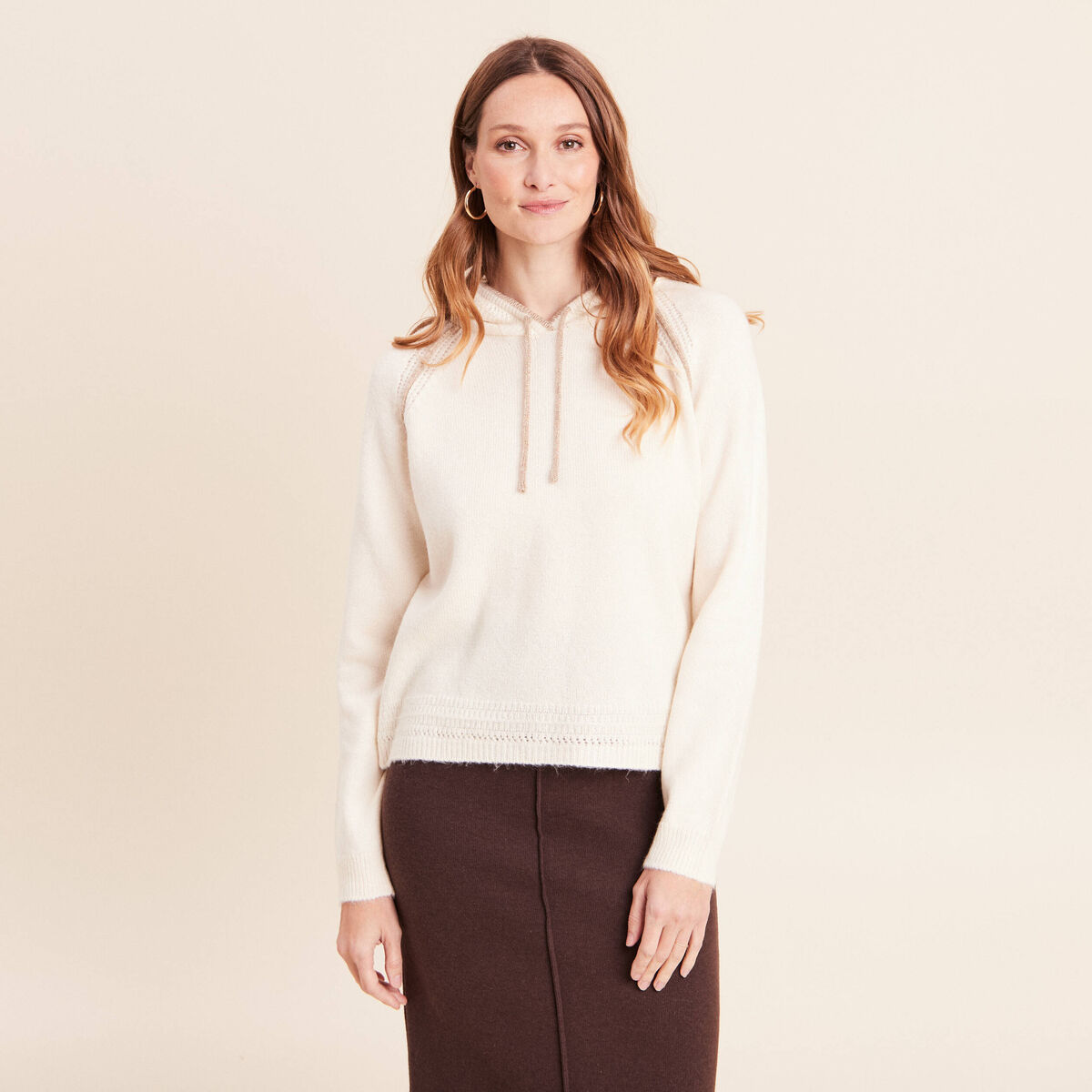 Sweat droit long &agrave; capuche ecru femme