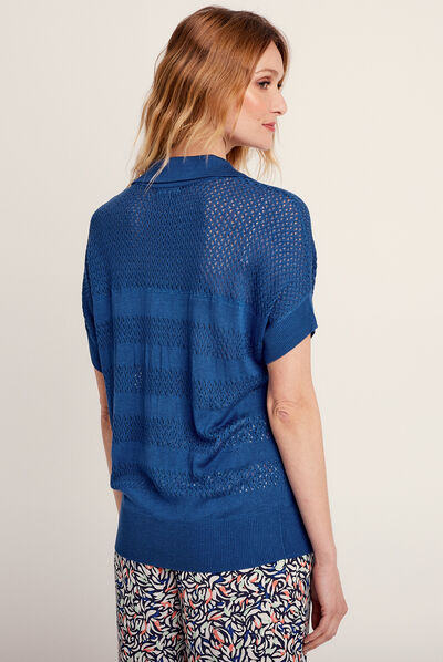 Pull manches courtes col polo bleu electrique femme