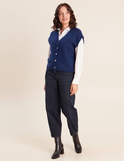 Gilet droit mi-long col v bleu marine femme