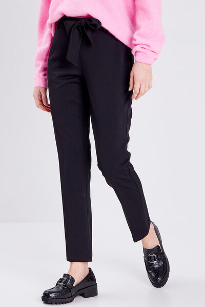 Pantalon city droit ceinturé noir femme