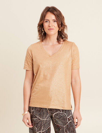 T-shirt col V manches courtes beige femme