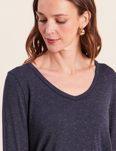 T-shirt ajust&eacute; col v manches longues bleu marine femme