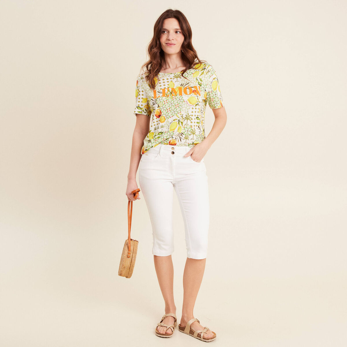 Pantacourt droit 5 poches blanc femme