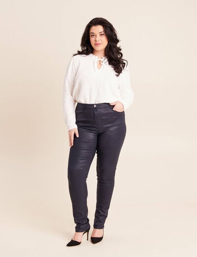Pantalon iris&eacute; en similicuir bleu fonc&eacute; femme