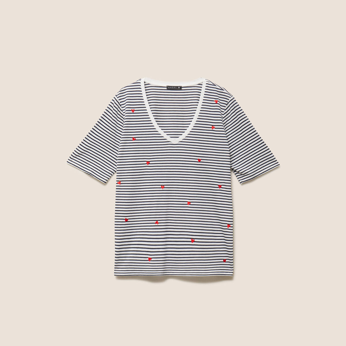 T-shirt droit broderie manches courtes bleu femme
