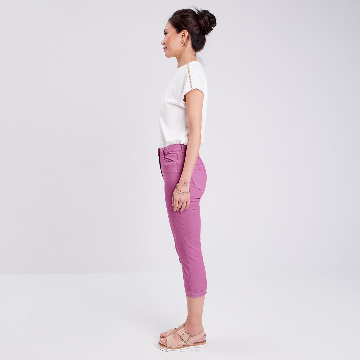 Pantacourt droit taille haute violet femme