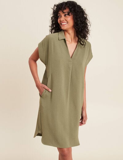 Robe droite col en V vert kaki femme