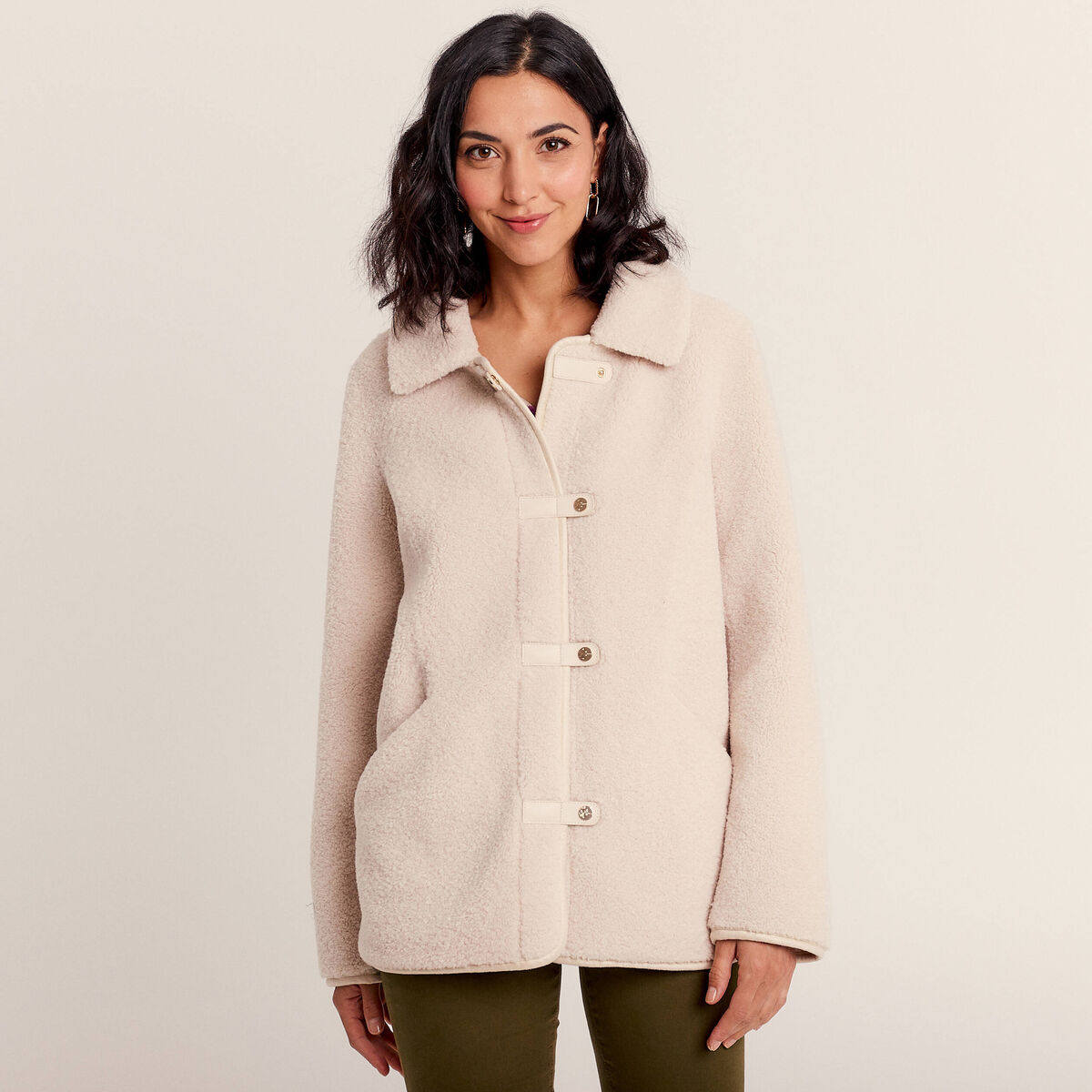 Manteau droit effet mouton ivoire femme