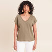 T-shirt col v manches courtes aspect lin vert kaki femme